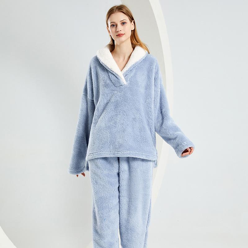 Women's Plus Size Coral Fleece Winter Extra Thick and Fleece Warm Pajama Set