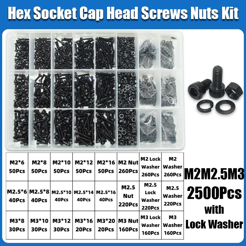 M2 M2.5 M3 M4 M5 M6 Hex Socket Head Cap Set Allen Screw DIN912 Black 12.9 Grade Carbon Steel Screws Nuts Bolt Washer Assortment