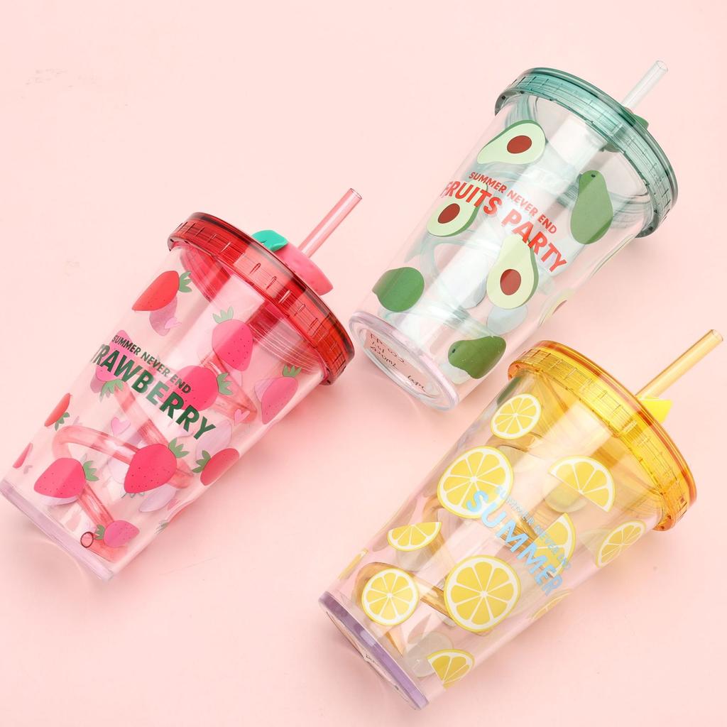 480ml Fruit Patterned Plastic Cup With Straw Transparent Juice Beverage Water Bottle for Drinking Ice Water Coffee Portable Mug