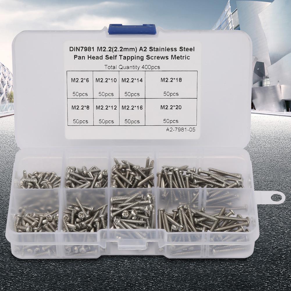 400pcs M2.2 Stainless Steel High Strength Self Tapping Screws Assortment Kit