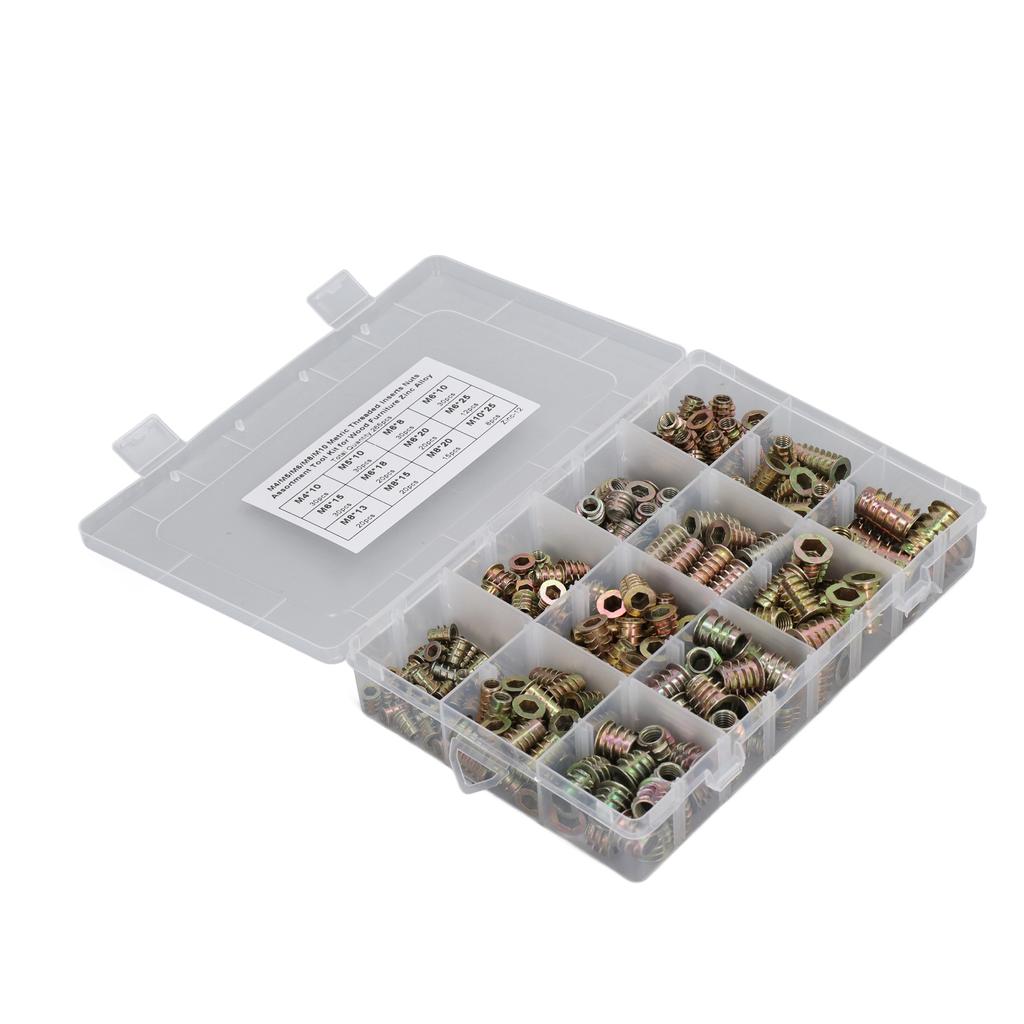 265Pcs Threaded Inserts Nuts Assortment Tool Kit Zinc Alloy Furniture Bolt for Pine Wood Plywood M4 M5 M6 M8 M10
