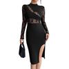 2025 Autumn New Women's Solid Color Contrast Lace Slit Sexy Tight Dress