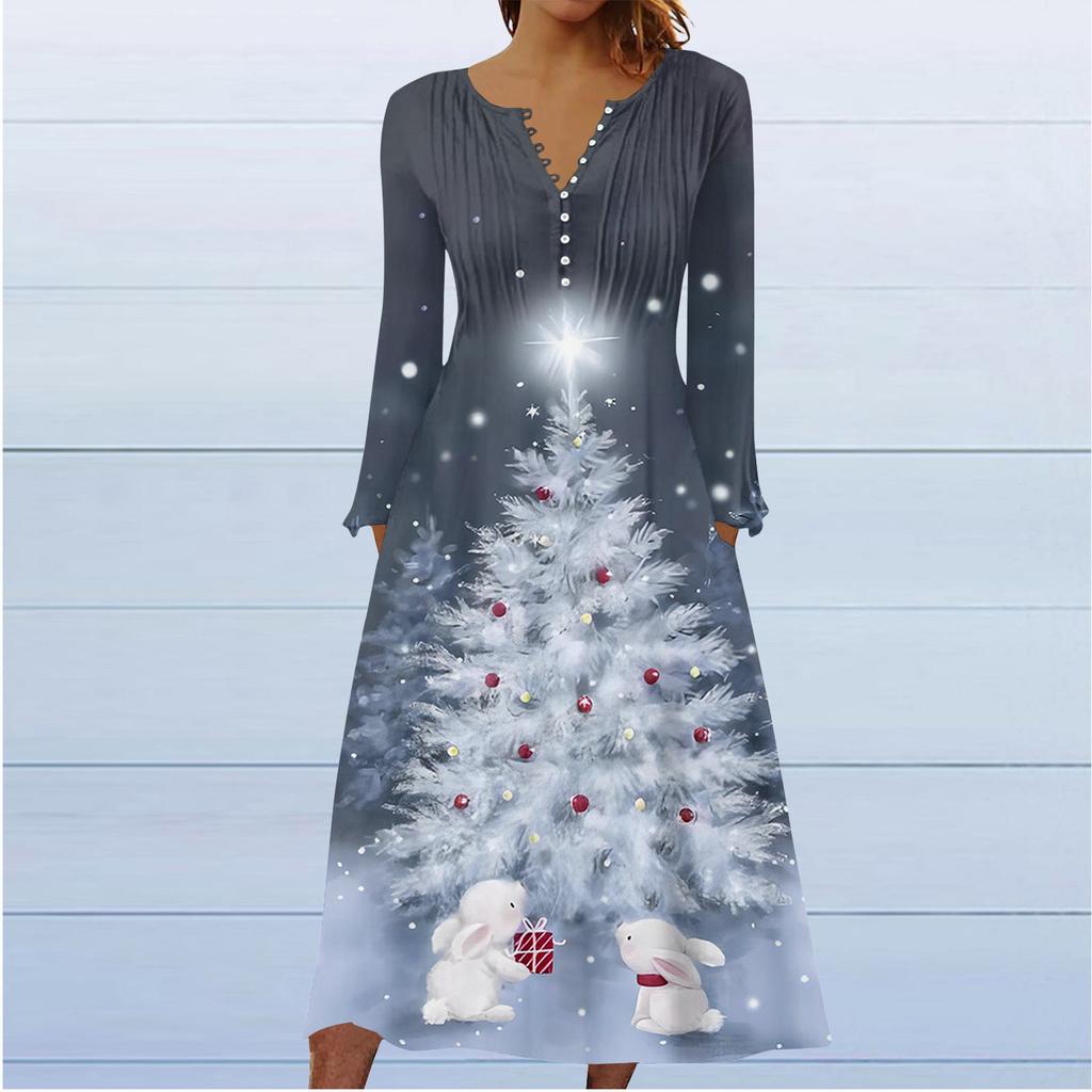 Fashion Women's Casual Fashion Print Pocket V-neck Pullover Long Sleeve Dress