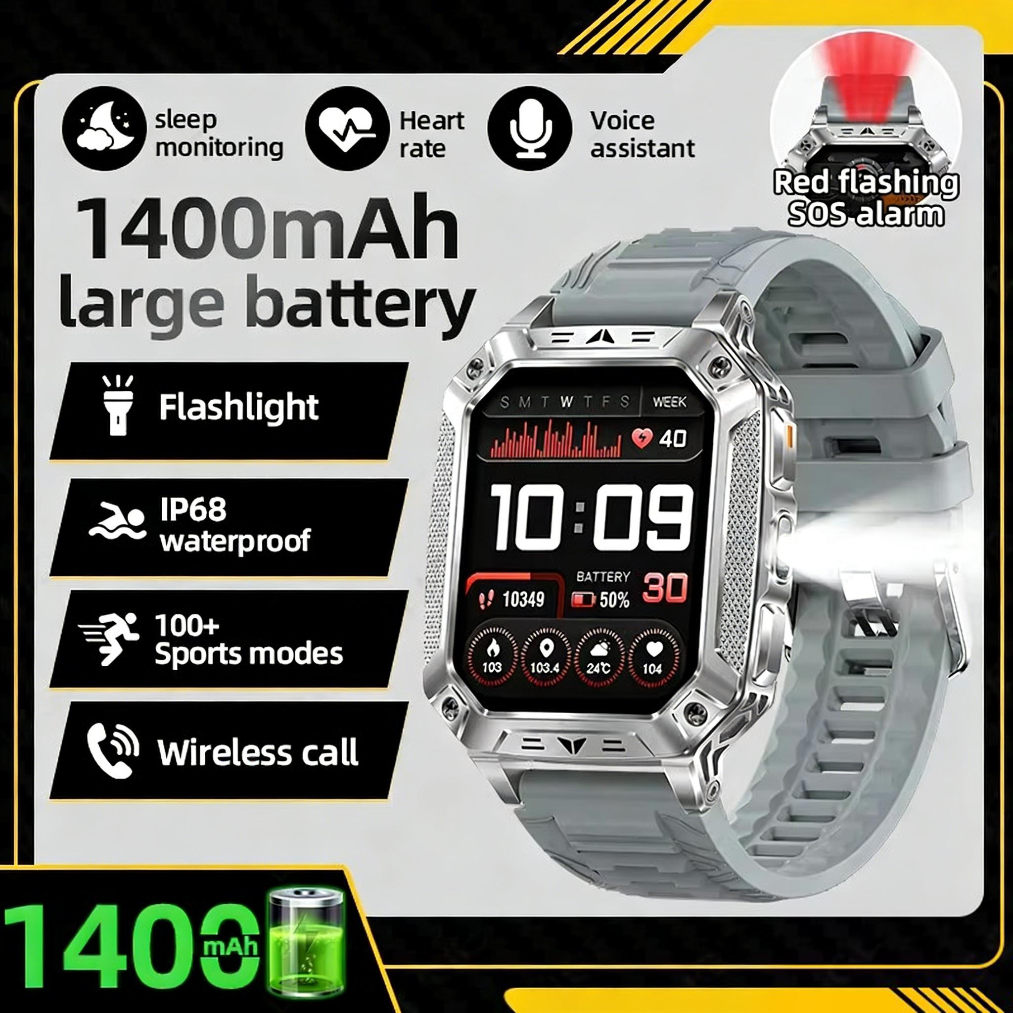 

New 1400mAh large battery military outdoor 2.01-inch 10ATM waterproof Bluetooth call compass LED flashlight smartwatch for men