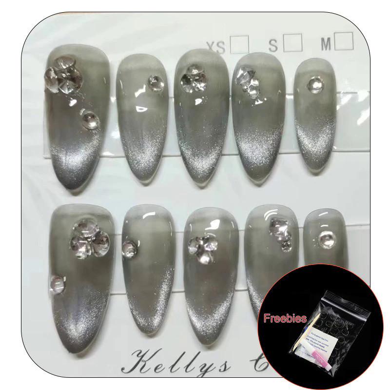 

100% РУЧНАЯ РАБОТА Искусственные ногти миндалевидной формы Дымчато-серый бриллиант Французская пентаграмма «кошачий глаз» Минималистичные ногти Многоразовые и съемные накладные ногти XS