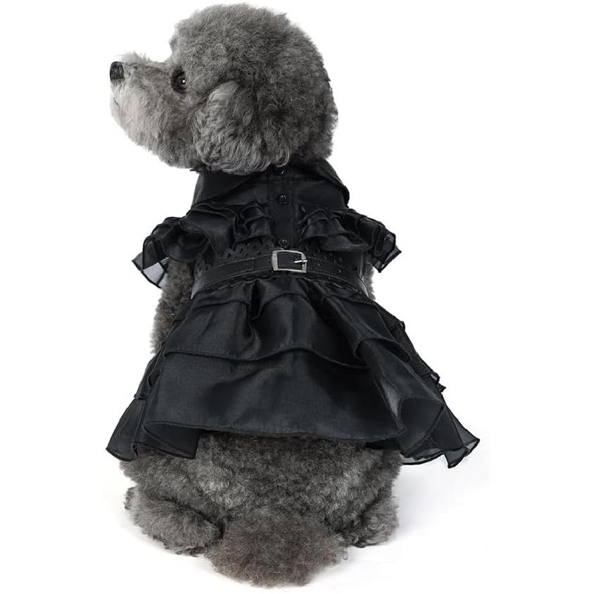 Pet Dog Cat Wednesday Dress Addams Costume Cosplay Cute Puppy Kitten Black Coat Clothes with Belt Halloween Party Dress Up Pretend Play for Small