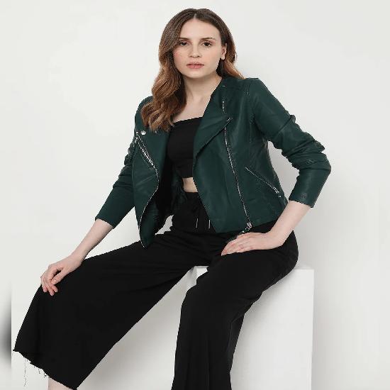 Noora Women's Green Leather Biker Jacket Party Wear Jacket Casual Jacket Gift For Her