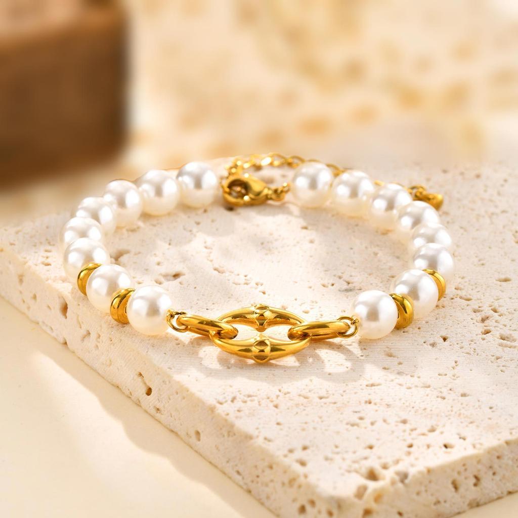 Fashion Personality Stainless Steel Rivet Oval Imitation Pearl Bracelet Gold Ladies Accessories 2399