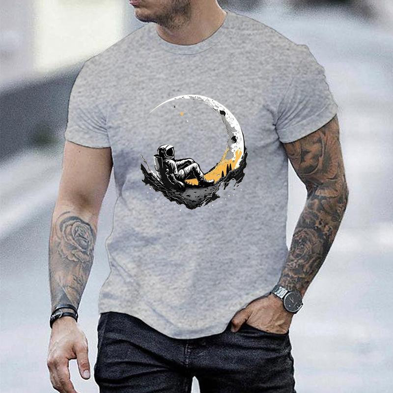 Men's Summer Fashionable Casual Loose Plus Size Landing Moon Pattern Printed Sports Round Neck Short Sleeved T-shirt