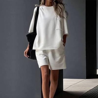 Damski Zestaw Casualowy 2-częściowy Top z Krótkim Rękawem z Okrągłym Dekoltem Szorty z Elastyczną Gumką w Pasie Letni Strój Domowy Dres