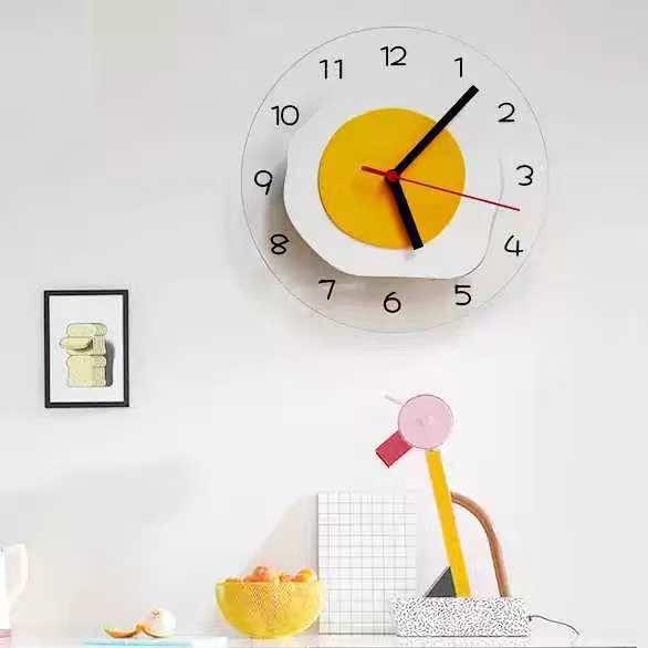 Creative Fried Egg Glass Wall Clock - Ultra-Quiet Childlike Design for Bedroom and Dining Room