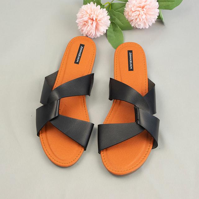 

Туфли на плоской подошве для женщин, летние пляжные женские сандалии, простой дизайн с крестом, однотонные нескользящие женские шлепанцы с мягкой подошвой для отдыха 38 чёрный