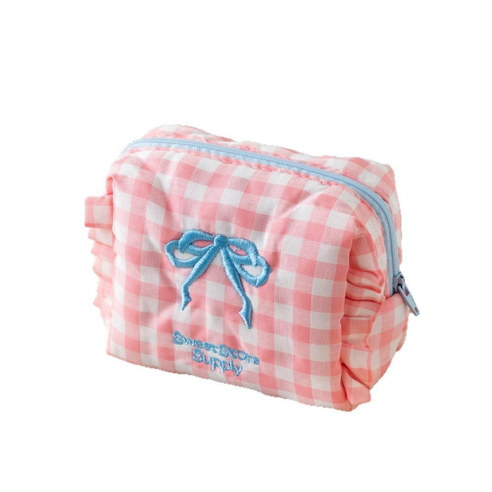 Polyester Cute Plaid Makeup Bag With Bow For Travel And Dorm Use
