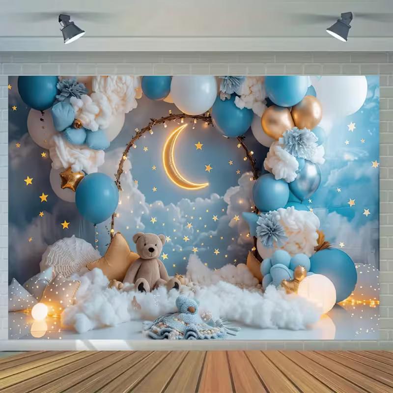 2D Teddy Bear Moon & Star Baby Shower Photography Backdrop