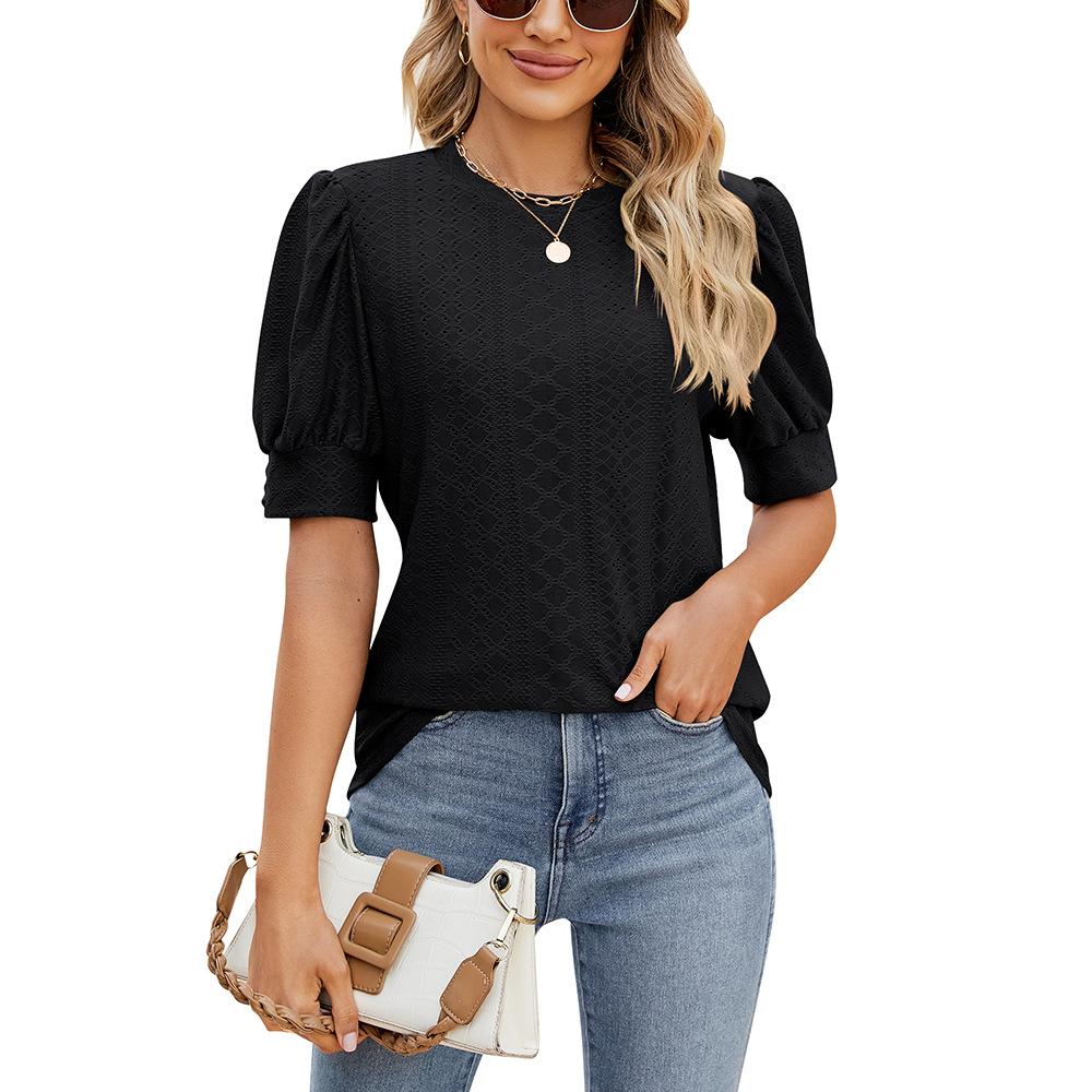 Women Button Puff Sleeve O Neck Breathable Solid Color Pullover T Shirt Blouse Top