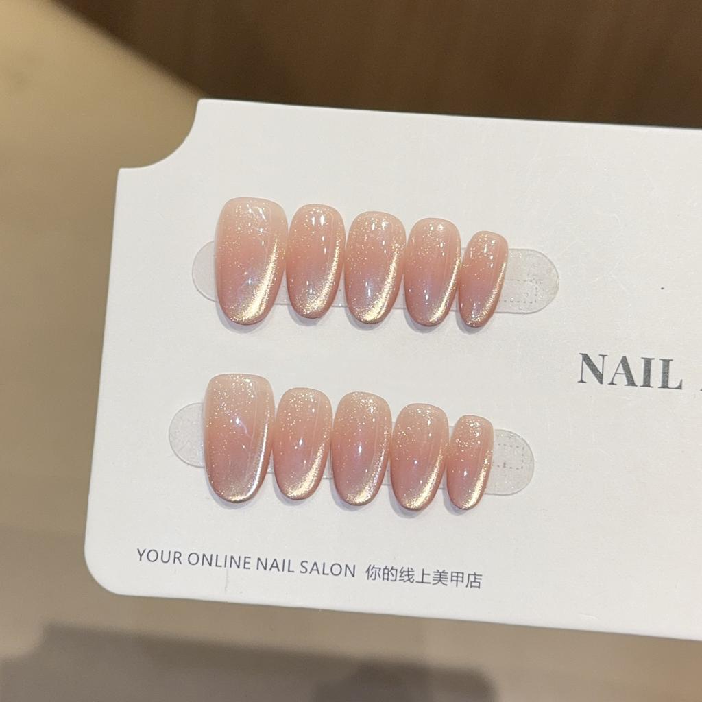 10Pcs Cat Eye Nude Pink French Tip Almond Press On Nails Medium Length Shiny Reusable False Nails For Women