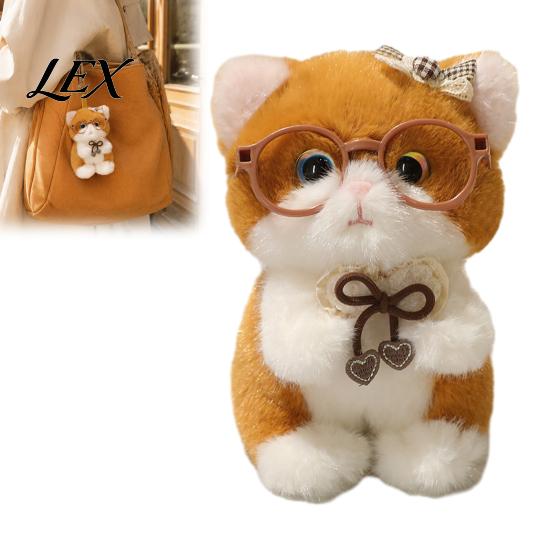 Plushie Gift for Girls Cute Plush Kitten Pendant with Glasses And Tie, Soft Stuffed Animal Toy Accessory Keychain Backpacks Keys, Decorative