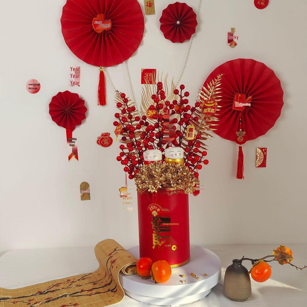 Fortune Bucket New Year Decoration Set - Festive Ornaments for Bedroom and Living Room with Flowers and Fu Character.