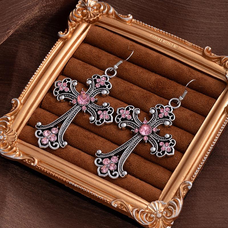 Vintage Baroque Rose Cross Earrings Women'S Hip Hop Versatile Earrings Premium Sense Flash Diamond Fashion Earrings