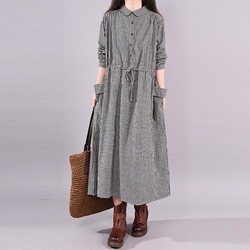 Autumn Korean Loose Patchwork Plaid Long Sleeved Dress Women Lace Up Waist