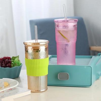 600ML Glasbecher Milchkaffeetasse mit Deckel und Strohhalm Transparent gestreift Wasserbecher Trinkgläser Saft Teetasse Trinkgeschirr
