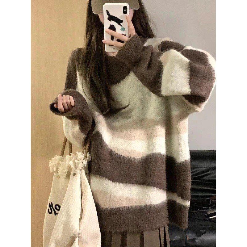 Women's Japanese Retro Striped Oversized Knitted Sweater - Soft, Gentle, Lazy Style for Spring & Autumn