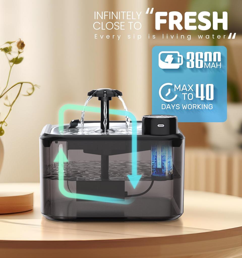 Battery Operated Cat Water Fountain, 2.8L/95Oz Wireless Cat Water Fountain, Automatic Pet Water Fountain, Ultra Quiet