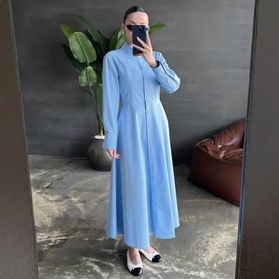 Women's Long-sleeved Lapel Blue Casual Elegant Shirt Dress