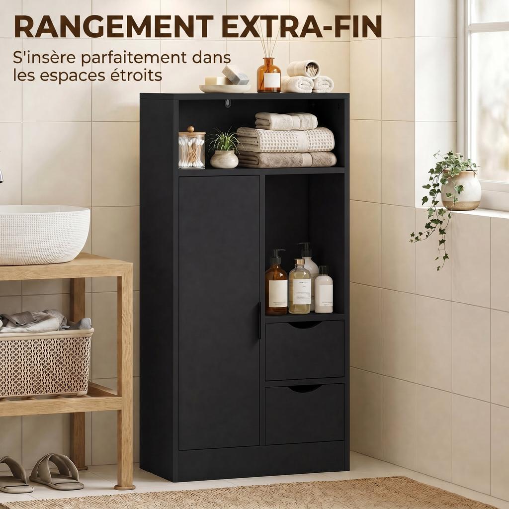 Bathroom Cabinet Narrow Storage Cabinet With 2 Drawers Open Compartments 50x25x100cm Black