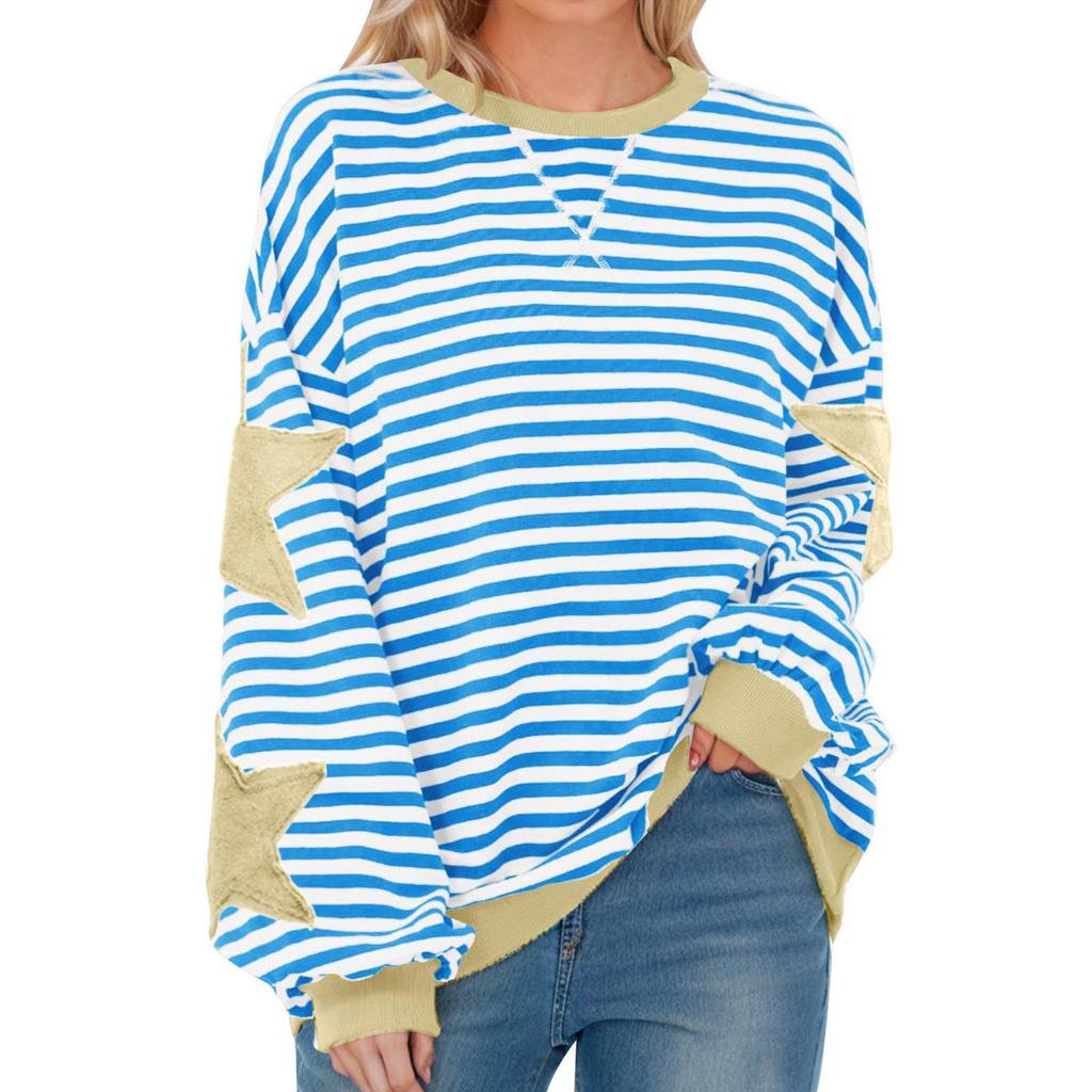 Women's Fashion Striped Star Print Round Neck Long Sleeved Pullover Color Blocked Pullover Sweatshirt Top