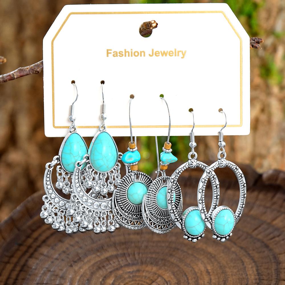 

3 пары сережек под античное серебро с бирюзой, геометрические эффектные серьги-подвески для женщин, на каждый день, для вечеринки, для работы, универсальные