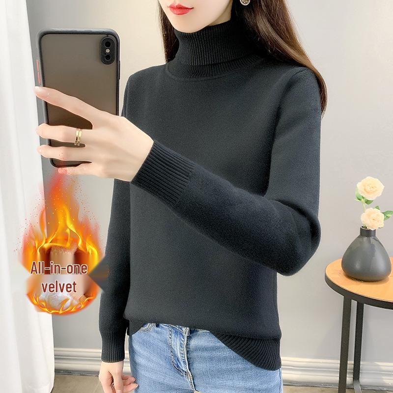 2025 Women's Autumn/Winter Half-High Collar Velvet-Lined Knit Sweater