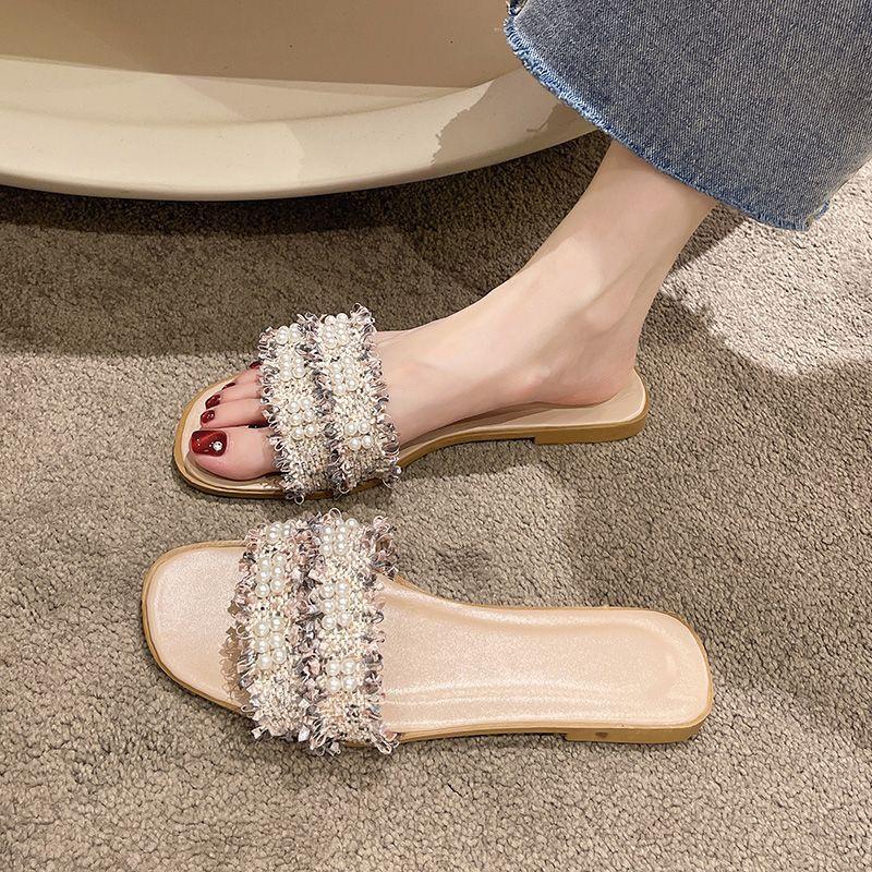 Summer Fashion Women's Slippers 2024 New Style Gentle Pearl Embedding Diamond Luxury Designer Style Casual Versatile Sandals