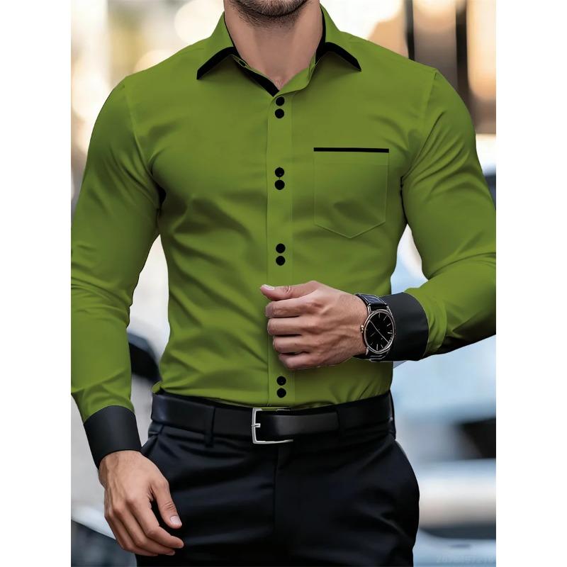 Men's Business Color Block Collar Long Sleeve Shirt, Slim Fit, Wrinkle-Free, Black and White Patchwork Shirt, Men's Fashion Top