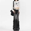 Damen Retro Flared Jeans: Gewaschen, Einzigartige ausgefranste Kanten, Schmale Passform, Streckend, Stilvolles Hufeisen-Design.