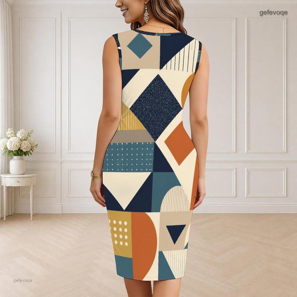 Women s Plus Size V Neck Sleeveless Geometric Printed Bodycon Midi Dress