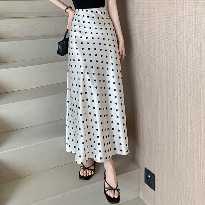 Taglie comode satin vita alta vintage pois estivo casual lungo per donna gonne gonna da donna