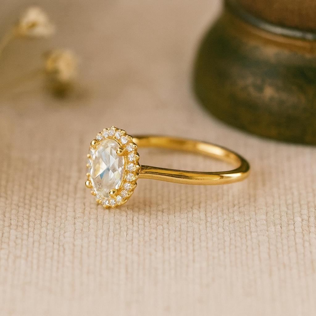 Oval Cut Cubic Zirconia Halo Ring for Women | Gold Plated 925 Sterling Silver Engagement Ring | Wedding, Promise, Anniversary Gift