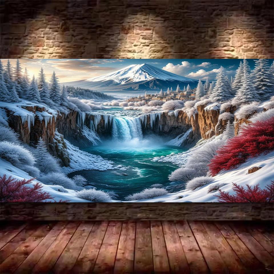 Große Größe Mosaik DIY Voll Diamant Malerei Kits Kunst Winterwald Wasserfall Landschaft Stickerei Kreuzstich Strasssteine