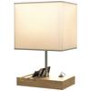Bedside Lamp with USB A+C Charging Ports and 3 Phone Stands, Modern Table Lamp with Solid Wood Base and Fabric Shade for Bedroom Living Room Office