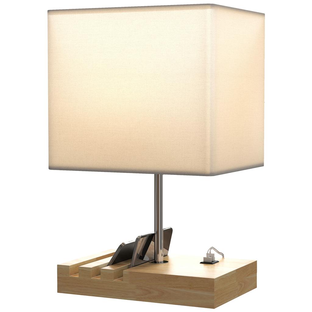Bedside Lamp with USB A+C Charging Ports and 3 Phone Stands, Modern Table Lamp with Solid Wood Base and Fabric Shade for Bedroom Living Room Office