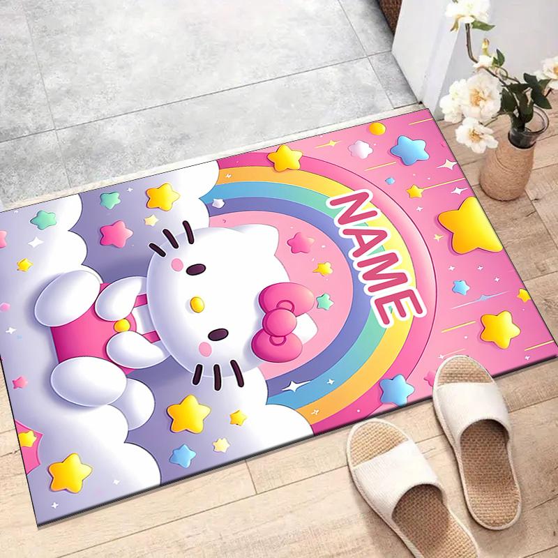 Custom HelloKitty Mat Personalized Name, Polyester Washable Indoor Entryway Rug, Gift for Christmas, Easter, Thanksgiving Day