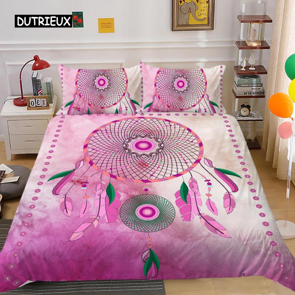 Dream Catcher Duvet Cover Set King Size Pink Boho DreamCatcher Bedding Set for Kids Teen Microfiber Bohemian Feather Quilt Cover
