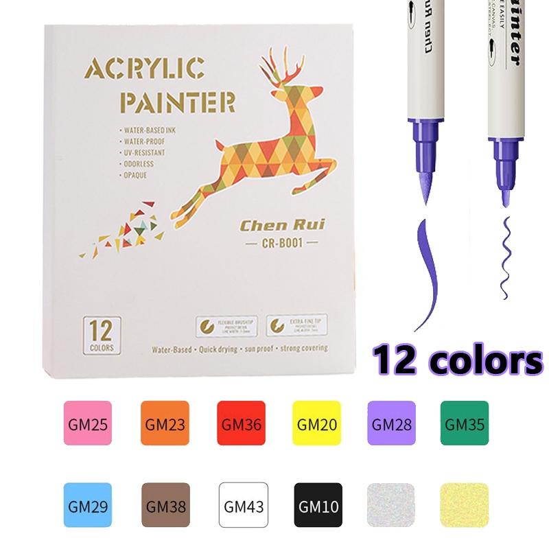 Acrylic Marker Pen Set Dual Tip Coloring Set Highlighter Pen Color Marker Set Art Supplies White 12color