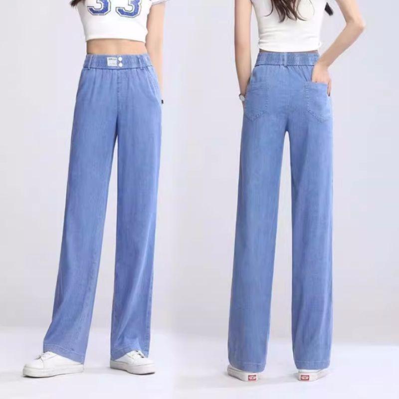 Jeans in Lino da Donna Estivi Vita Alta Casual Vestibilità Larga Gamba Larga Pantaloni Svasati