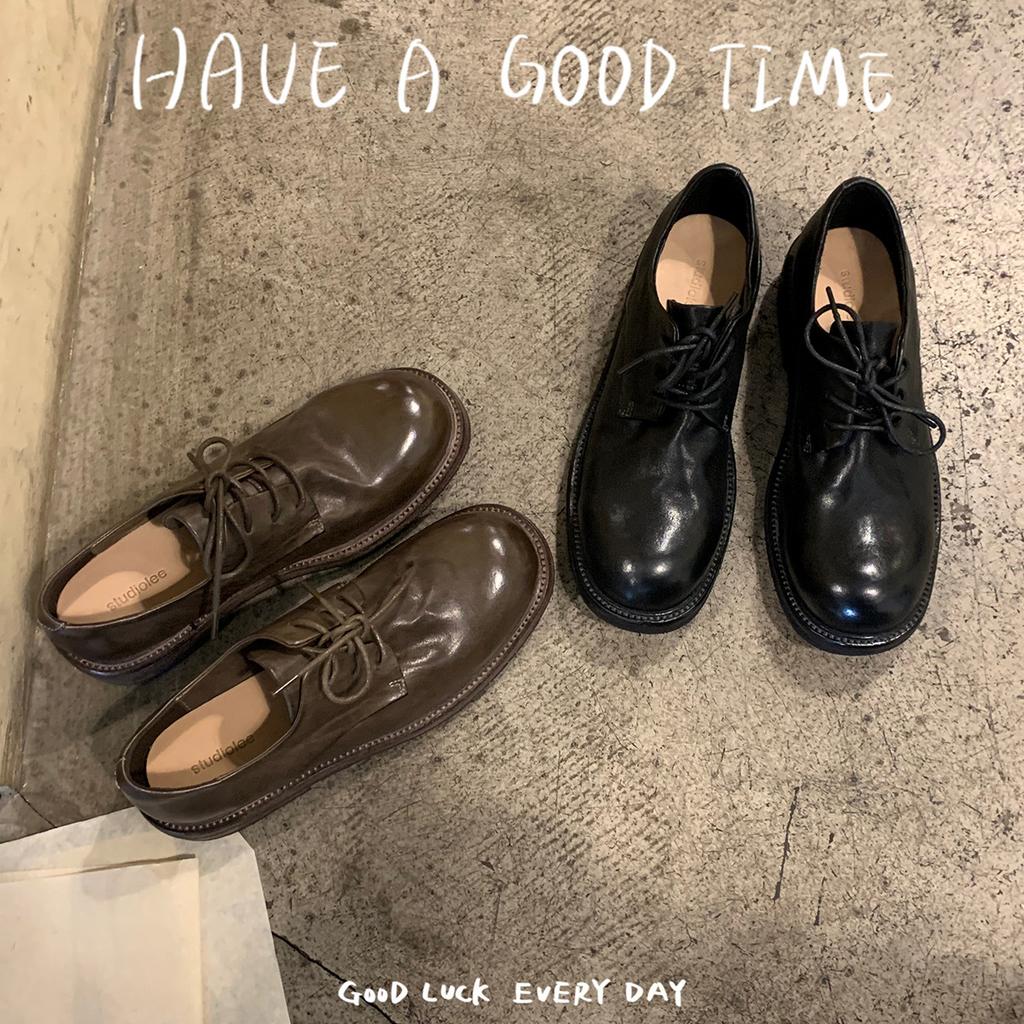 Cowhide version~ leather thick heel retro small leather shoes women's British lace-up new platform Oxford shoes loafers single shoes
