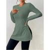Blusa Lunga da Donna Jacquard Pizzo Spacco Casual Primavera Manica Lunga Slim Fit Camicie Monocolore Girocollo Elegante Moda Casual Ufficio Top Semplici Lavorazione a Rete