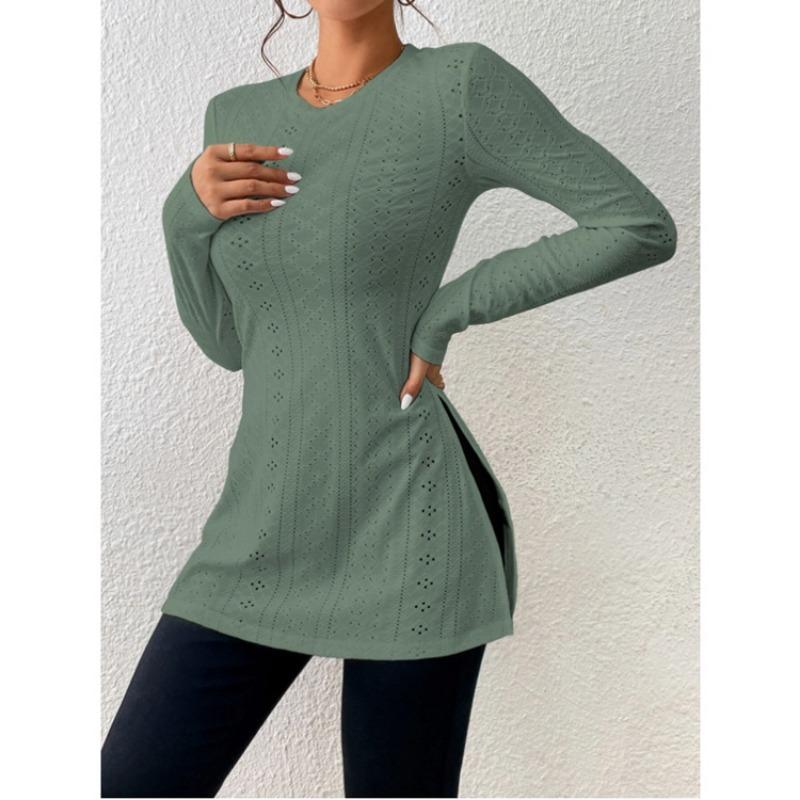 Blusa Lunga da Donna Jacquard Pizzo Spacco Casual Primavera Manica Lunga Slim Fit Camicie Monocolore Girocollo Elegante Moda Casual Ufficio Top Semplici Lavorazione a Rete