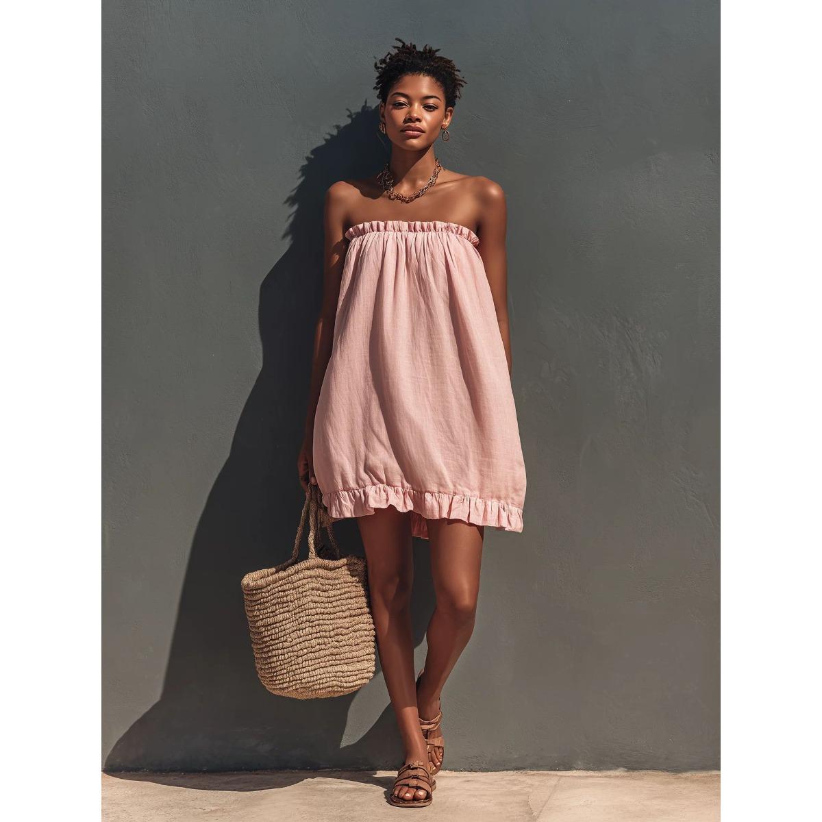 Women s Strapless Ruffle Hem Tube Dress Casual Loose A Line Mini Dress S розовый