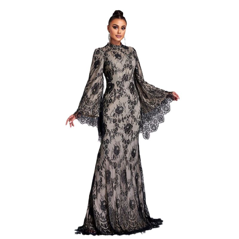 Cross-Border European and American High-End Long-Sleeved Elegant Round-Neck Sexy Long Lace Evening Dress Bridesmaid Dress for Women